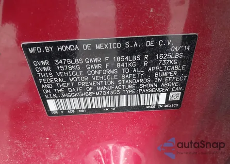 2015 Honda Fit Ex/Ex-L from USA, damaged, VIN 3HGGK5H86FM704355